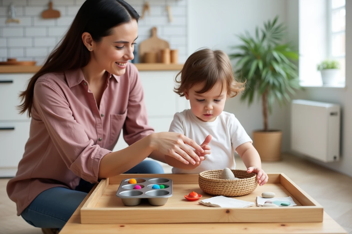 Maman et bébé explorant des plateaux d'activités Montessori faits maison avec des objets du quotidien sur une table basse en bois