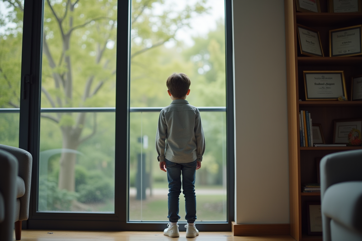 Adolescent regardant par une grande fenêtre dans un bureau moderne
