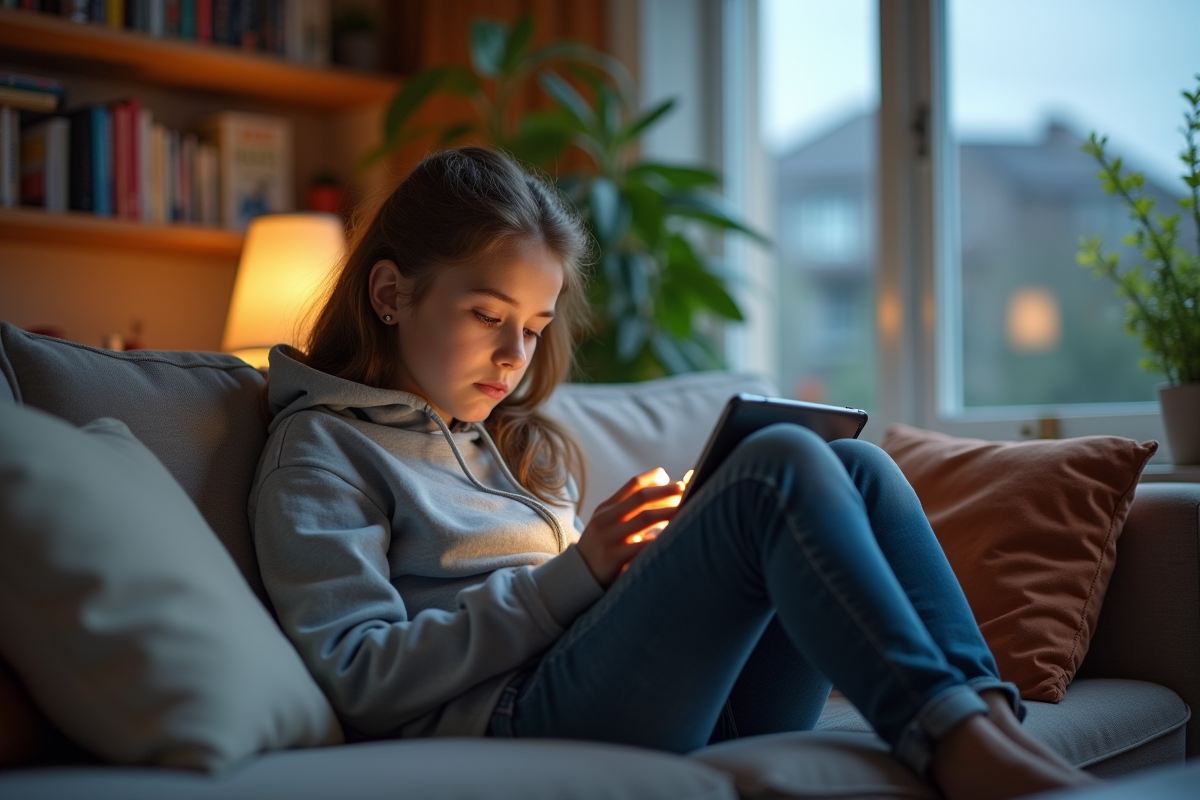 Adolescente sur un canapé utilisant une tablette dans un salon