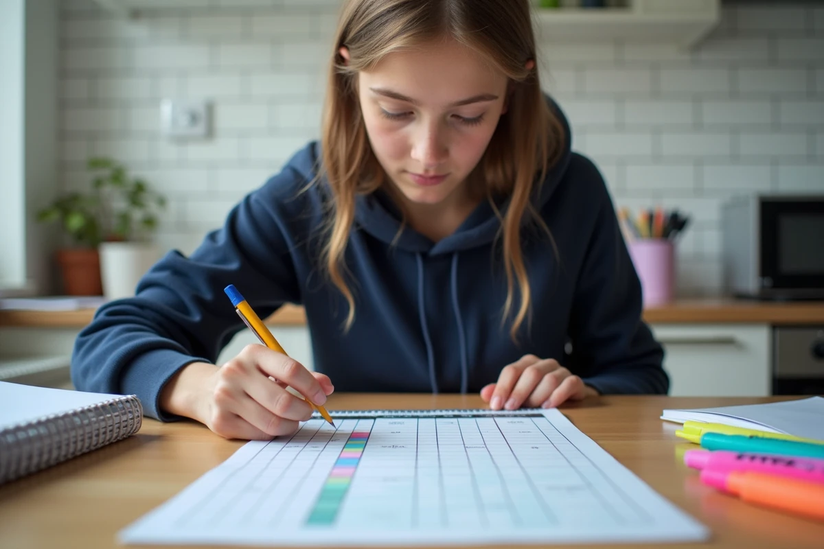 Adolescente coloriant un planning scolaire avec semaines paires et impaires à la maison sur une table de cuisine