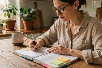Femme écrivant dans un agenda semaine paire impaire à la table de cuisine avec des onglets colorés