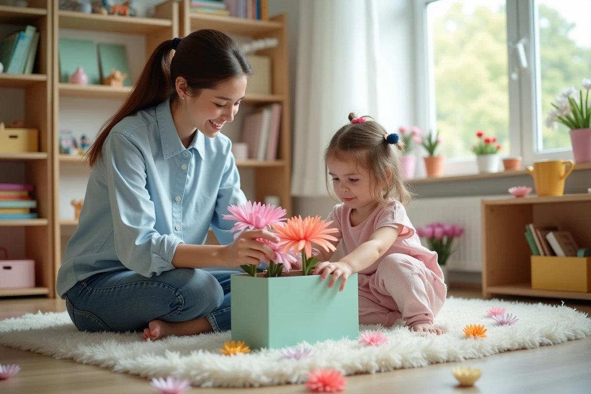 Assistante aidant une petite fille à préparer une décoration