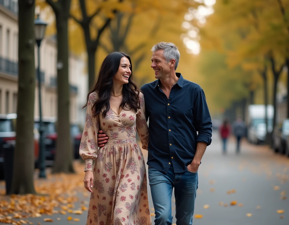 Couple heureux se promenant dans une rue parisienne en automne, illustrant la vie commune d'Amandine Atalaya et son mari