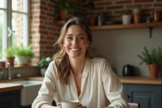Femme souriante assise dans une cuisine chaleureuse, évoquant la vie de couple et le foyer familial en 2026