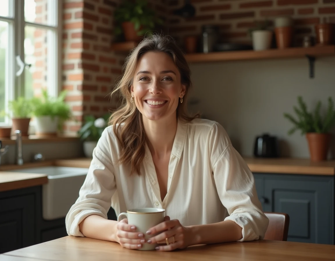 Femme souriante assise dans une cuisine chaleureuse, évoquant la vie de couple et le foyer familial en 2026