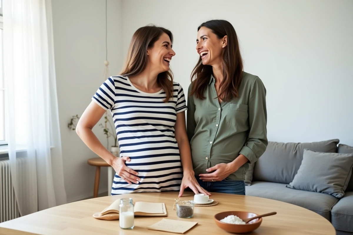 Deux amies enceinte et non enceinte qui rient en faisant le test du sel pour deviner le sexe du bébé