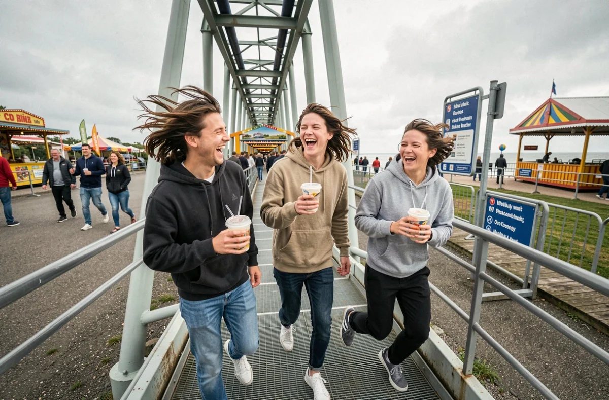 Groupe d'amis souriant à la sortie d'une attraction du Parc La Panne après avoir profité de réductions