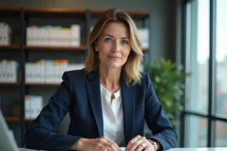 Économiste française en costume bleu marine travaillant dans un bureau moderne avec des livres d'économie en arrière-plan