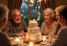 Couple agee entouré de famille lors d un diner festif avec gateau