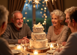 Couple agee entouré de famille lors d un diner festif avec gateau