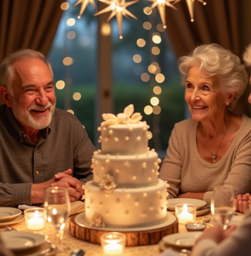 Célébrer les noces de diamant : conseils pour une fête mémorable Couple agee entouré de famille lors d un diner festif avec gateau