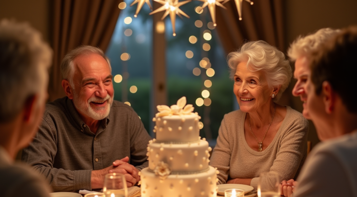 Couple agee entouré de famille lors d un diner festif avec gateau
