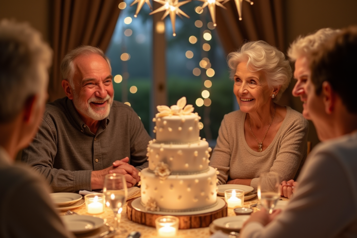 Couple agee entouré de famille lors d un diner festif avec gateau