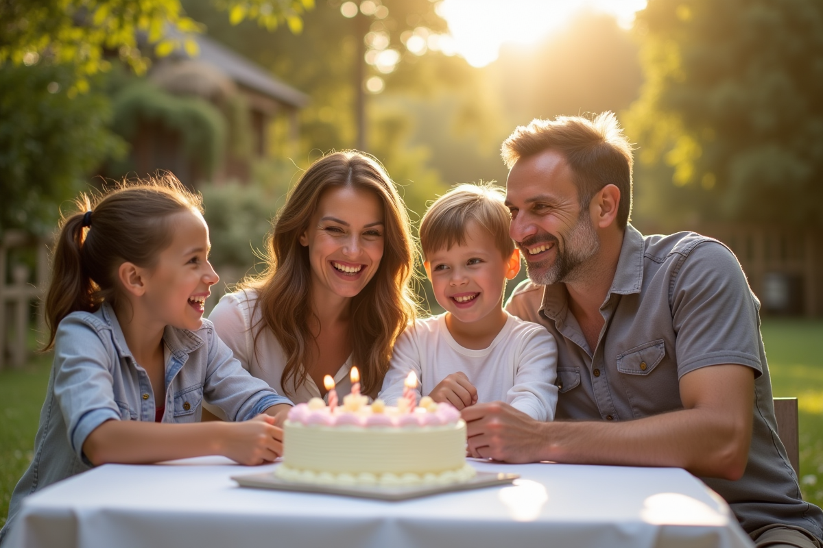 Famille heureuse célébrant anniversaire dans un jardin
