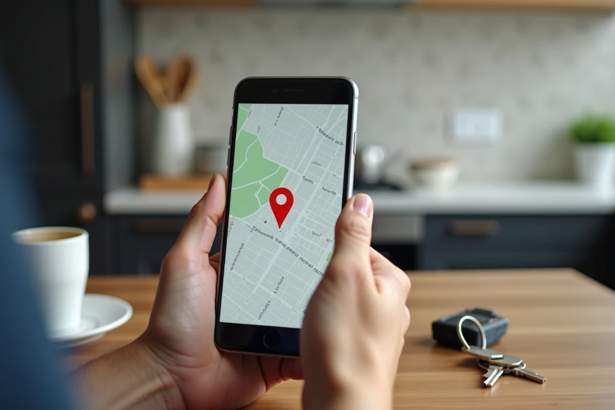 Smartphone affichant une interface GPS de localisation enfant posé sur une table de cuisine avec un traceur
