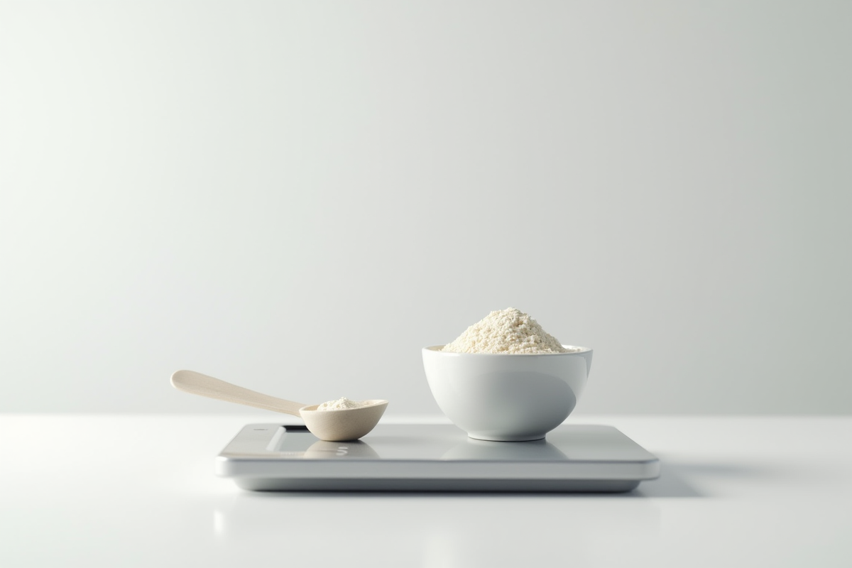 Balance numérique avec poudre pour bébé et cuillère à côté