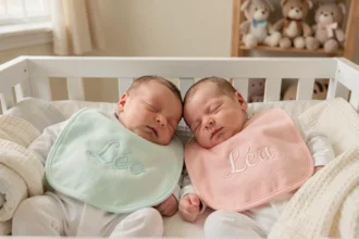 Deux bébés jumeaux portant des bavoirs personnalisés brodés avec leurs prénoms dans un berceau en bois blanc
