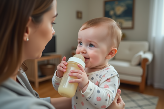 Bébé garçon de 4 mois buvant au biberon dans un salon chaleureux