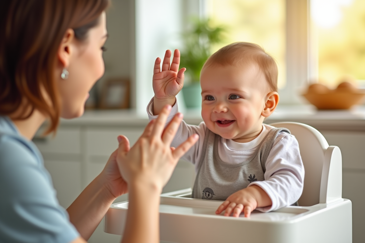 Bébé dans une chaise haute avec parent qui montre comment saluer