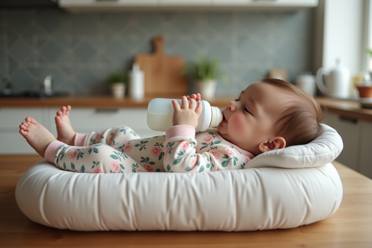 Bébé fille de 4 mois en pyjama floral en train de boire au biberon dans la cuisine