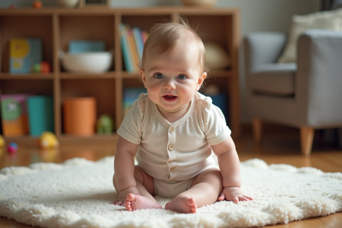 Bebe fille de 7 mois assise sur tapis de jeu confortable