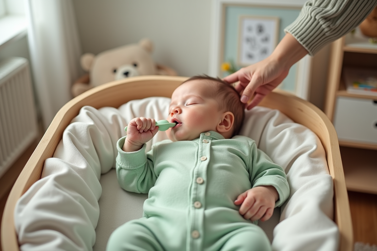 Bebe garcon dans un lit parapluie avec un parent
