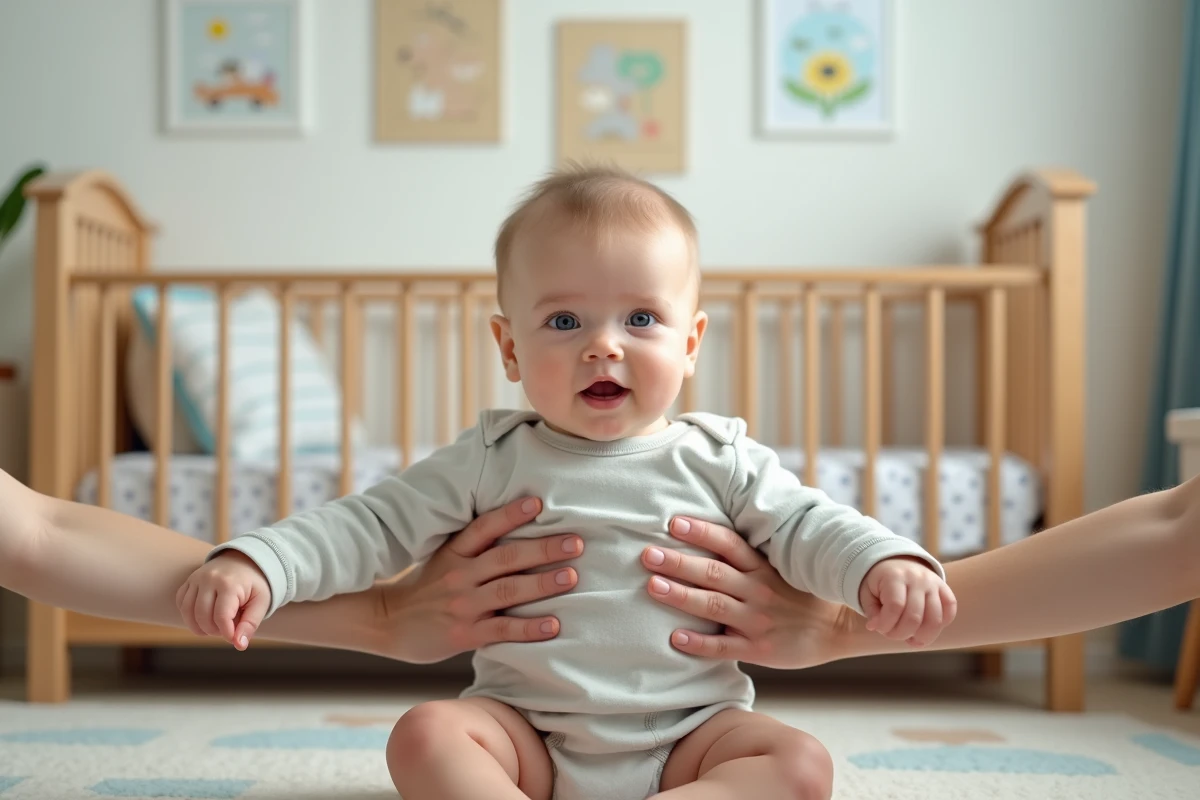 Bebe garçon de 6 mois soutenu par un adulte dans une nurserie lumineuse