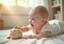 Bébé heureux de 4 mois allongé sur une couverture douce