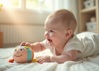 4 mois de bébé : ce à quoi vous pouvez vous attendre ! Bébé heureux de 4 mois allongé sur une couverture douce