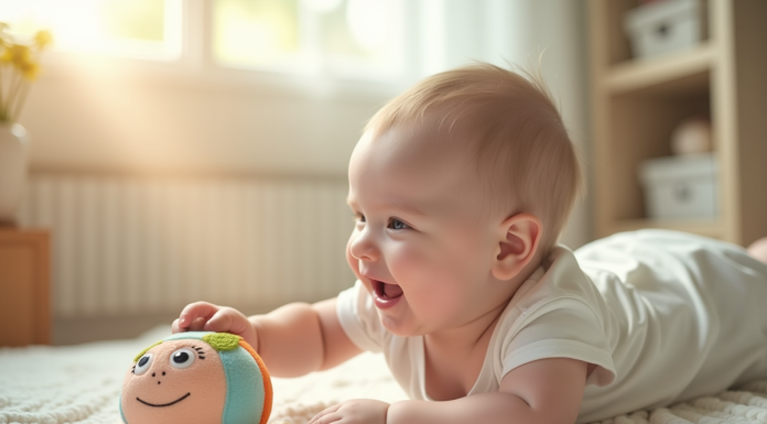 Bébé heureux de 4 mois allongé sur une couverture douce