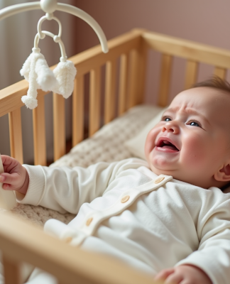 Bébé de 8 mois en pleurs dans un lit en bois