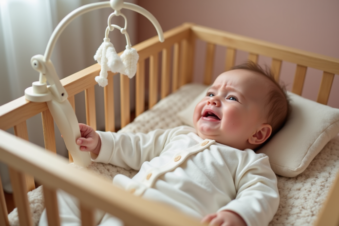 bebe-pleurant-dans-lit-enfant Bébé de 8 mois en pleurs dans un lit en bois