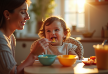 Bébé souriant en repas dans une cuisine chaleureuse
