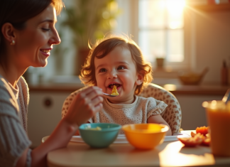 Diversification bébé : débuter le soir pour un bon sommeil ? Bébé souriant en repas dans une cuisine chaleureuse