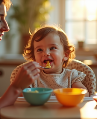 Bébé souriant en repas dans une cuisine chaleureuse