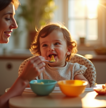 Bébé souriant en repas dans une cuisine chaleureuse