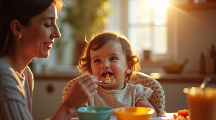 Bébé souriant en repas dans une cuisine chaleureuse
