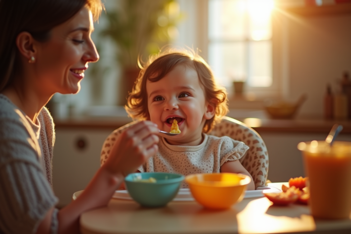 bebe-repas-dans-la-cuisine Bébé souriant en repas dans une cuisine chaleureuse