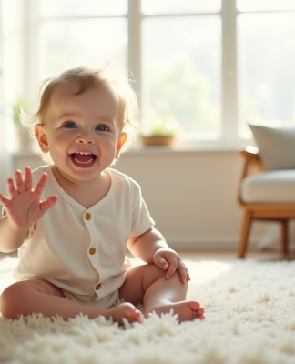 Bébé souriant assis sur un tapis dans un salon lumineux