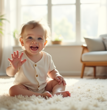 Bébé souriant assis sur un tapis dans un salon lumineux