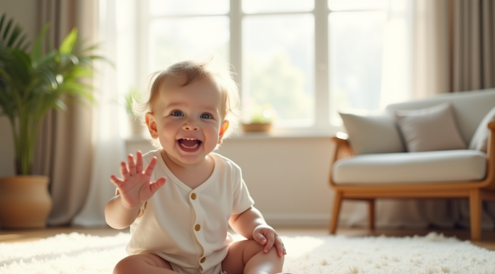Bébé souriant assis sur un tapis dans un salon lumineux