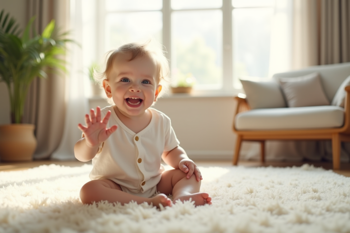 bebe-souriant-salon-lumineux Bébé souriant assis sur un tapis dans un salon lumineux