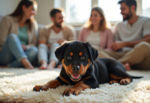 Chiot rottweiler joueur dans un salon lumineux avec famille