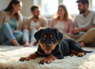Chiot rottweiler joueur dans un salon lumineux avec famille
