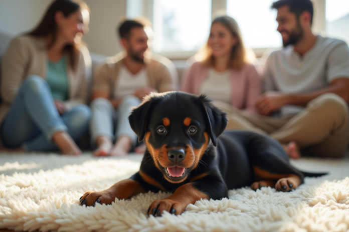 berger-rottweiler-family-salon Chiot rottweiler joueur dans un salon lumineux avec famille