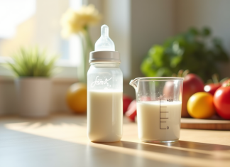 Biberon de lait avec un petit verre de 40 ml devant des fruits frais