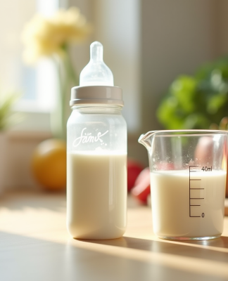 Biberon de lait avec un petit verre de 40 ml devant des fruits frais