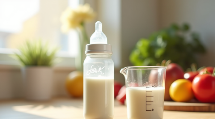 Biberon de lait avec un petit verre de 40 ml devant des fruits frais