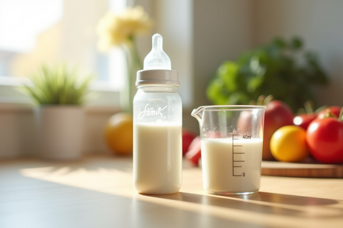 biberon-lait-mesure-fruits-legumes Biberon de lait avec un petit verre de 40 ml devant des fruits frais