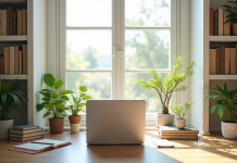 Bureau moderne lumineux avec grande fenetre et plantes